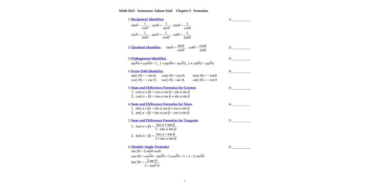 Ch5 Formula Sheet
